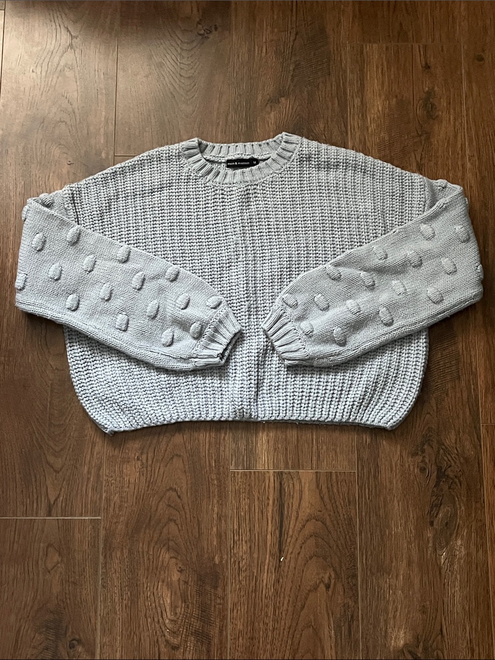 moon & madison Light Blue Pom-Pom Sleeve Crewneck Sweater